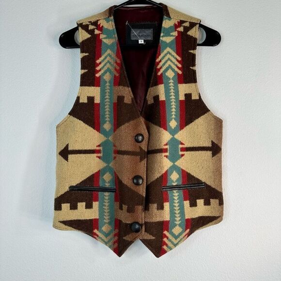 Vintage Krista Koeppe Southwestern Blanket Vest Women’s Small Boho Leather Trim - Picture 1 of 9